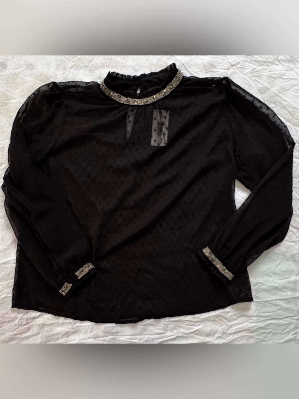 Sheer Patterned Black Blouse with Silver Bead Detail